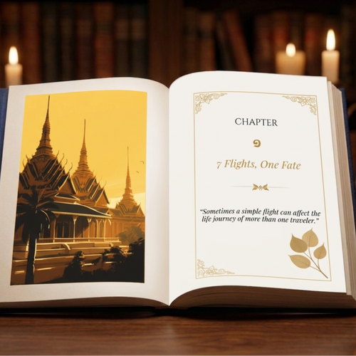 Open book with a chapter title and a scenic illustration on a wooden surface with candles in the background.