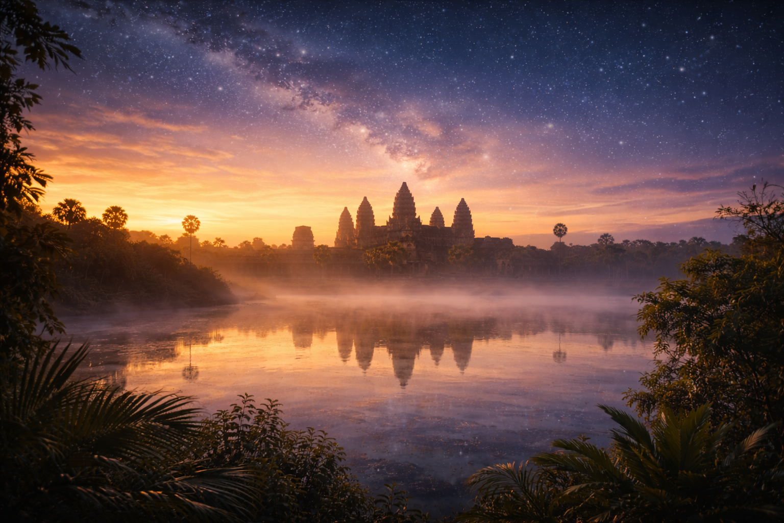 Angkor Wat Temple reflection in water with a starry sky. 